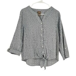 Chico's Tie-Front Blouse Striped Seersucker Button Down Long Sleeve Top SZ 1/M/8